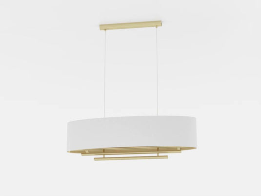 Candeeiro de Teto Suspenso PINETARA com Abajur Oval em Tecido Branco e Latão