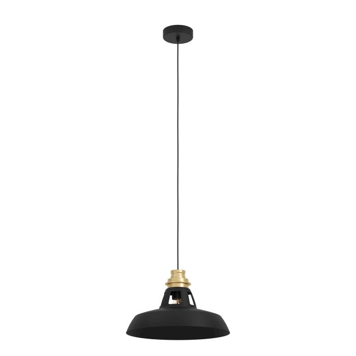 Load image into Gallery viewer, Candeeiro de teto com abajur cónico preto e detalhe dourado ESPINARDO EGLO
