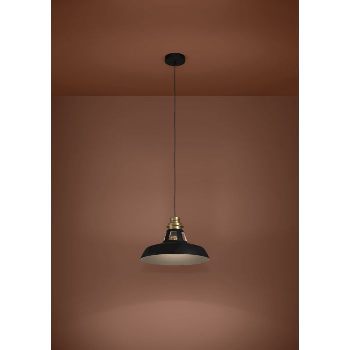 Load image into Gallery viewer, Candeeiro de teto com abajur cónico preto e detalhe dourado ESPINARDO EGLO
