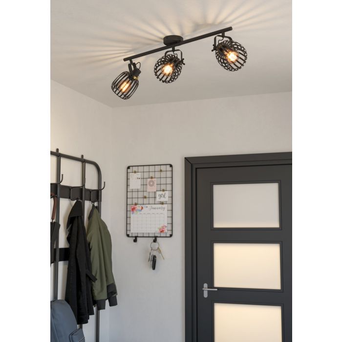 Load image into Gallery viewer, Foco de Teto com 3 Abajures em Latão Escovado e Metal Preto GIRONA EGLO
