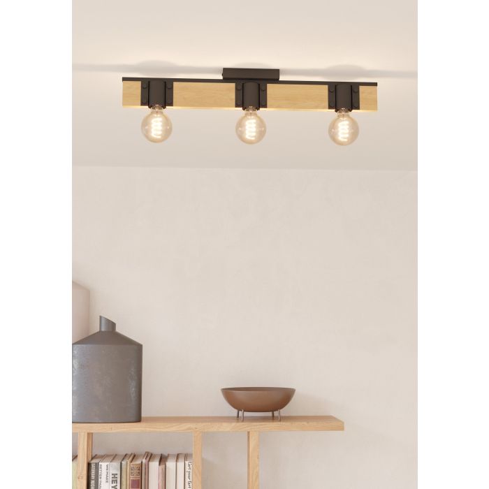 Load image into Gallery viewer, Candeeiro de teto com viga de madeira e metal preto BAILRIGG EGLO
