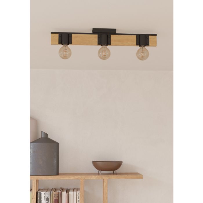 Load image into Gallery viewer, Candeeiro de teto com viga de madeira e metal preto BAILRIGG EGLO
