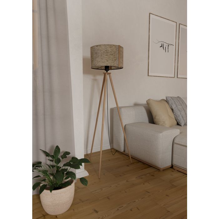Load image into Gallery viewer, Candeeiro de Pé com Base Tripé em Madeira e Cúpula em Tecido Branco HONTONGAS EGLO

