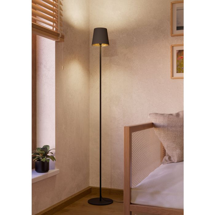 Load image into Gallery viewer, Candeeiro de Pé em Têxtil Preto com Abat-jour Cappuccino-Dourado FIORANA EGLO
