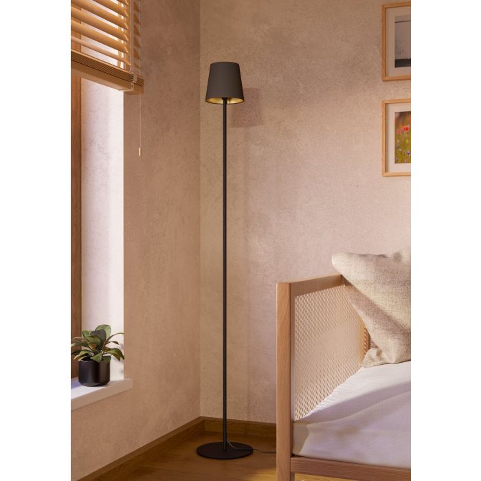 Load image into Gallery viewer, Candeeiro de Pé em Têxtil Preto com Abat-jour Cappuccino-Dourado FIORANA EGLO
