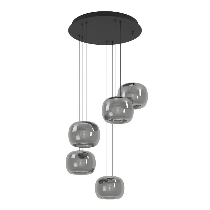 Load image into Gallery viewer, Candeeiro de teto com cinco esferas de vidro preto translúcido HORTUNAS EGLO
