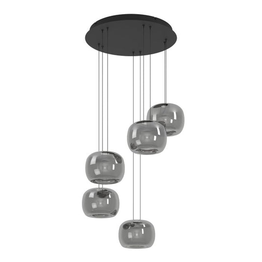 Candeeiro de teto com cinco esferas de vidro preto translúcido HORTUNAS EGLO