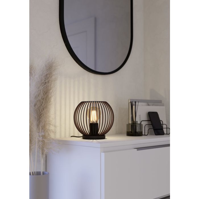 Load image into Gallery viewer, Candeeiro de Mesa com Estrutura em Grelha Preto e Cobre ALMANZORA EGLO
