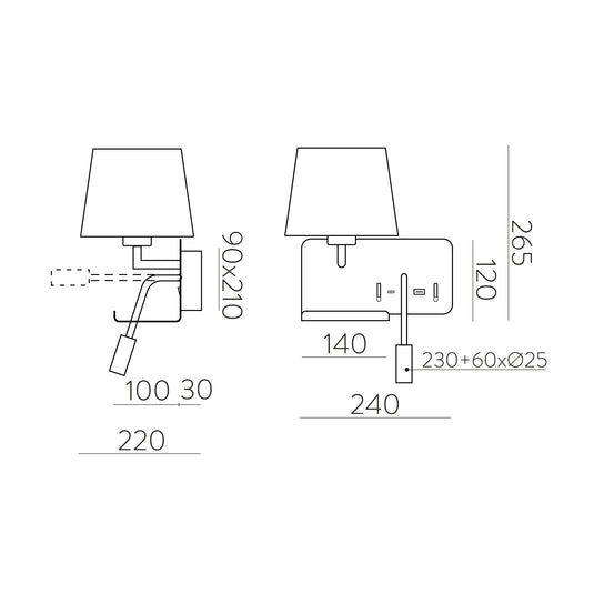 Applique murale avec lumière réglable et chargement USB, blanche, gauche