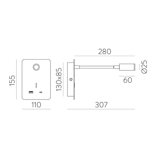Aplique de Parede com luz orientável e carregamento USB, branco