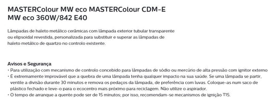 Lâmpada halogéneo master colour CDM-E MW ECO-PHILIPS-E40-360w- 4200 k