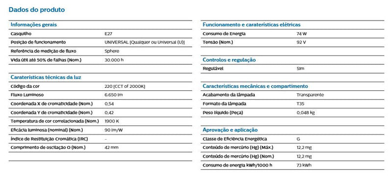 Carregue imagem no visualizador da galeriaLâmpada de vapor de sódio Philips 70W - Cor 1900 K- E27 - 630 Lm
