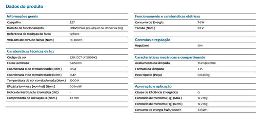 Lâmpada de vapor de sódio Philips 70W - Cor 1900 K- E27 - 630 Lm