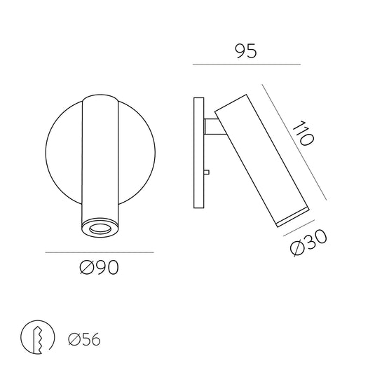 Aplique de Parede com luz orientável, acabamento em bronze