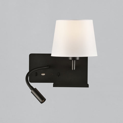 Wall light with adjustable light and USB charging, white and black, right