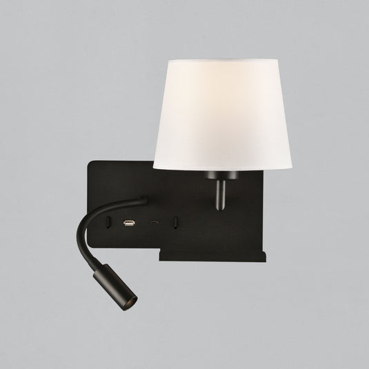 Wall light with adjustable light and USB charging, white and black, right