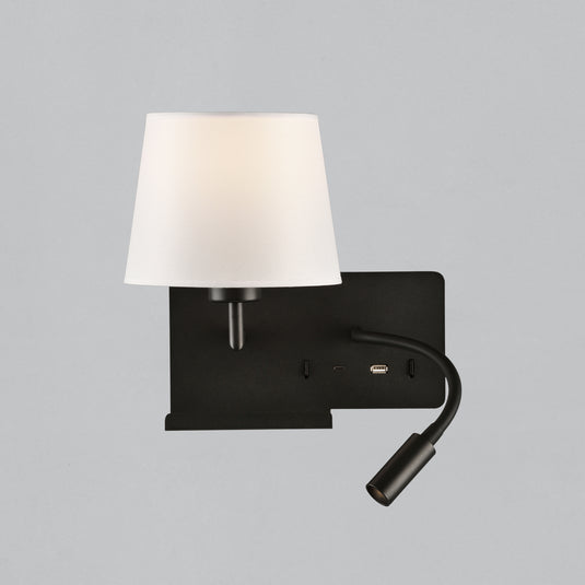 Wall light with adjustable light and USB charging, white and black, left