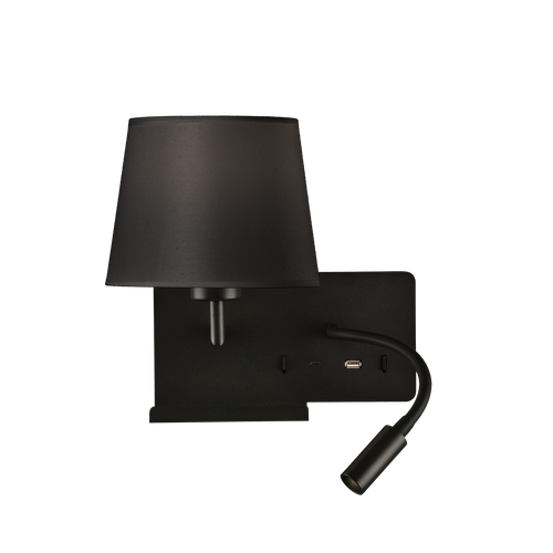 Wall light with adjustable light and USB charging, black, left