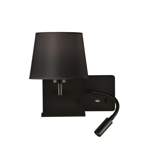 Wall light with adjustable light and USB charging, black, left