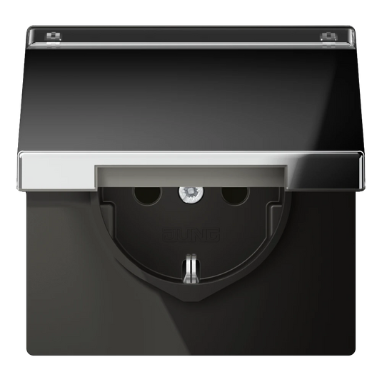 Tomada SCHUKO® com Tampa Basculante e Campo de Inscrição Cromado Brilhante LS JUNG