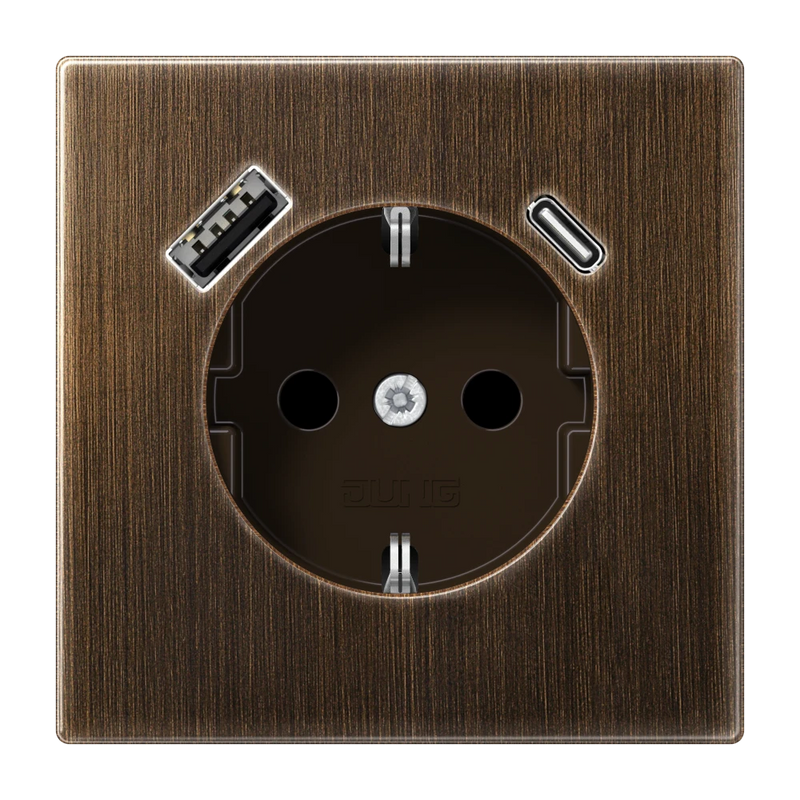 Load image into Gallery viewer, Tomada SCHUKO® com Carregador USB Tipo A e C Latão Antik Safety Plus LS JUNG

