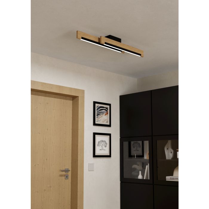 Cargue la imagen en el visor de la galería, Candeeiro de teto LED com madeira e aço preto CAMACHO EGLO
