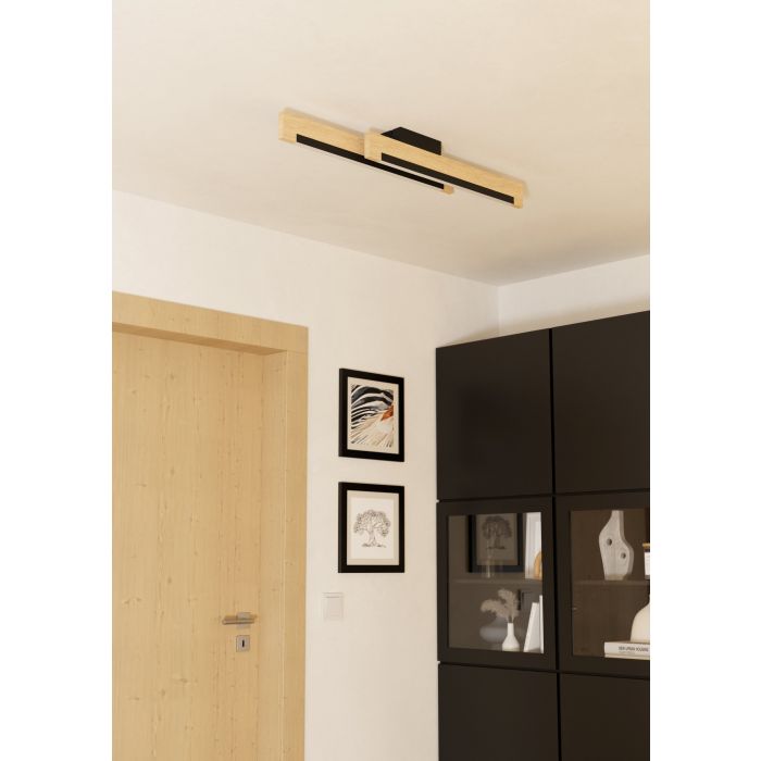 Cargue la imagen en el visor de la galería, Candeeiro de teto LED com madeira e aço preto CAMACHO EGLO
