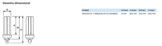 Lâmpada Fluorescente Master PL-T 2PINOS 26W/830 - Philips